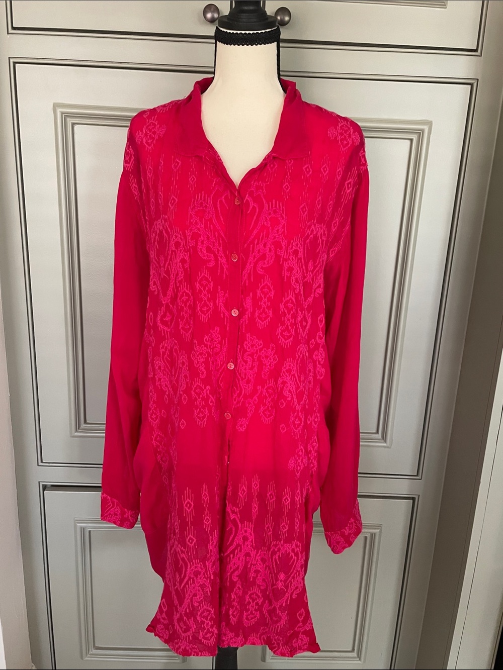 Johnny Was Red Fushia Tonal Boho Long Tunic Mini Dress Cover Up